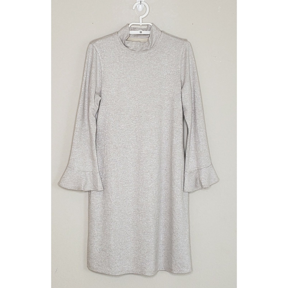 White House Black Market Sheath Dress Small Long Ruffle Bell Sleeve Metallic
